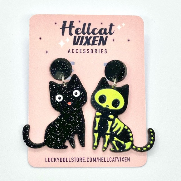 Retro Glitter Black and Skeleton Kitty Cat Acrylic Dangling Stud Earrings - Picture 9 of 9